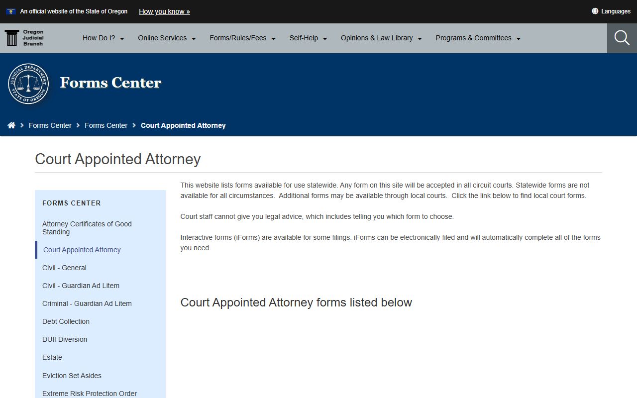 Polk County court clerk records OJD court appointed attorney forms