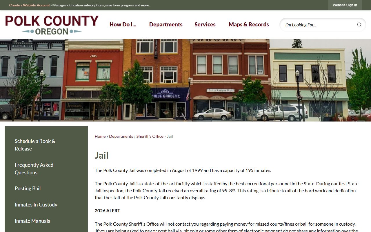 Polk County Jail page describing custody and detention services