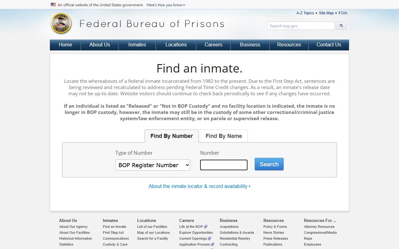 Federal Bureau of Prisons inmate locator for federal custody searches