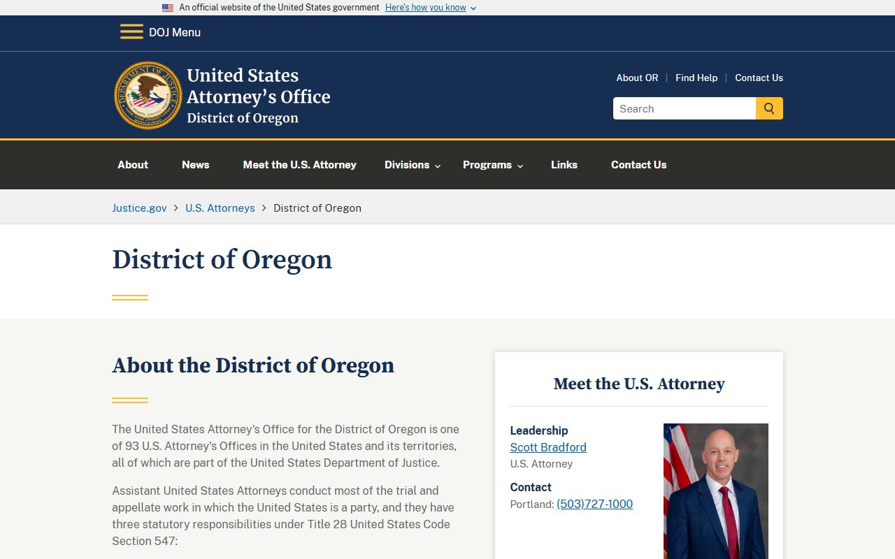 U.S. Attorney's Office for the District of Oregon page for federal criminal matters