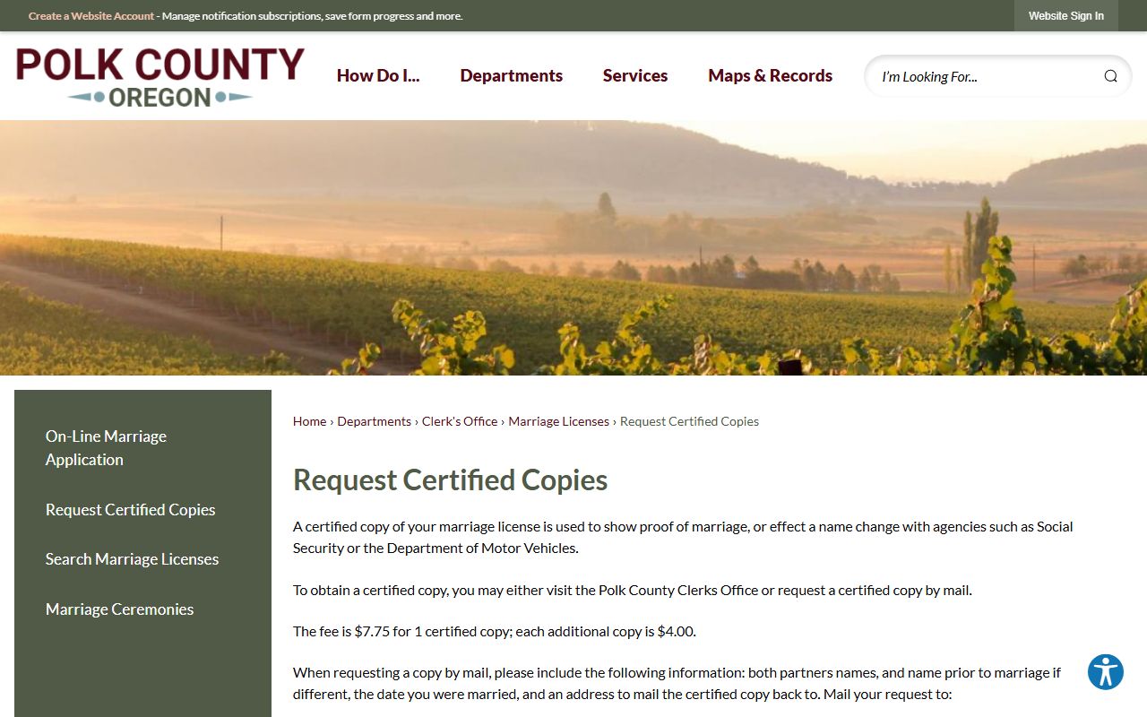 Polk County marriage records certified marriage-copy request page