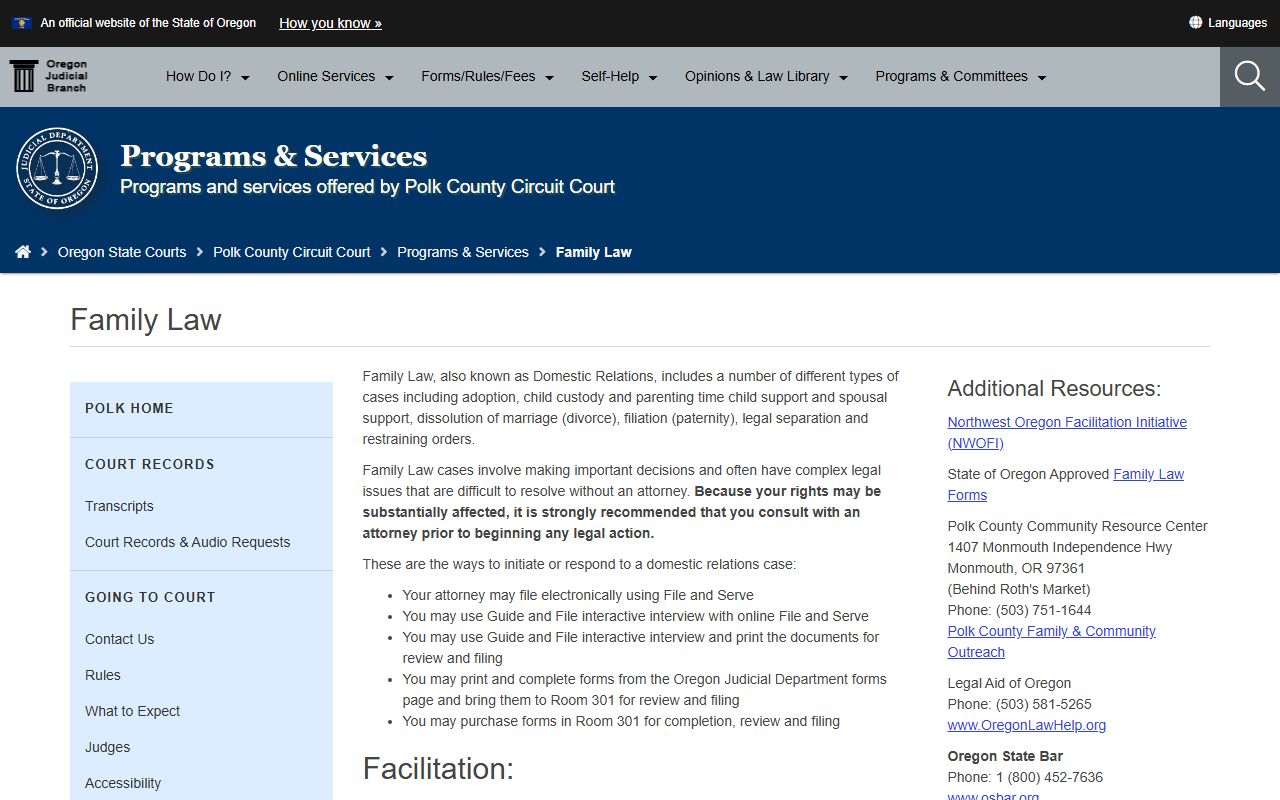 Polk County probate records family law facilitation and court service limits