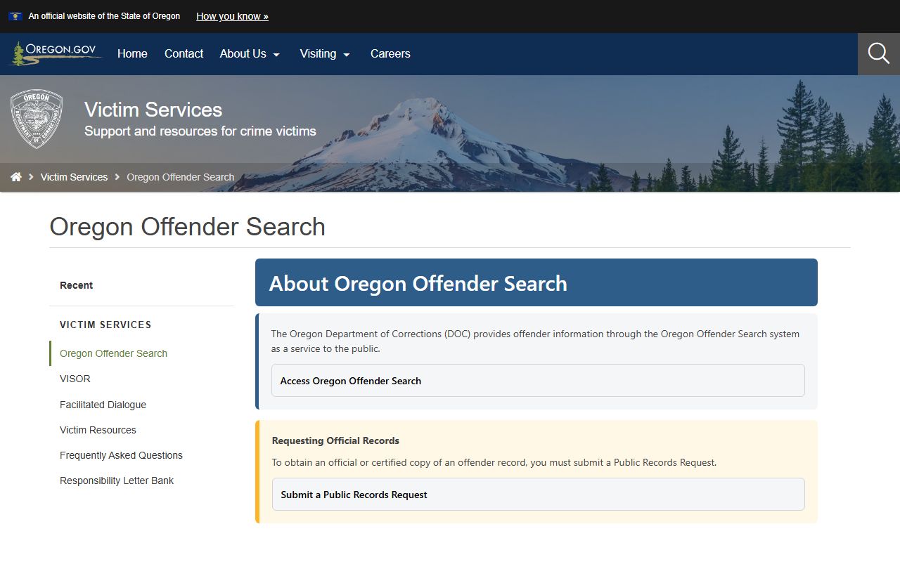 Oregon Department of Corrections offender search guidance page