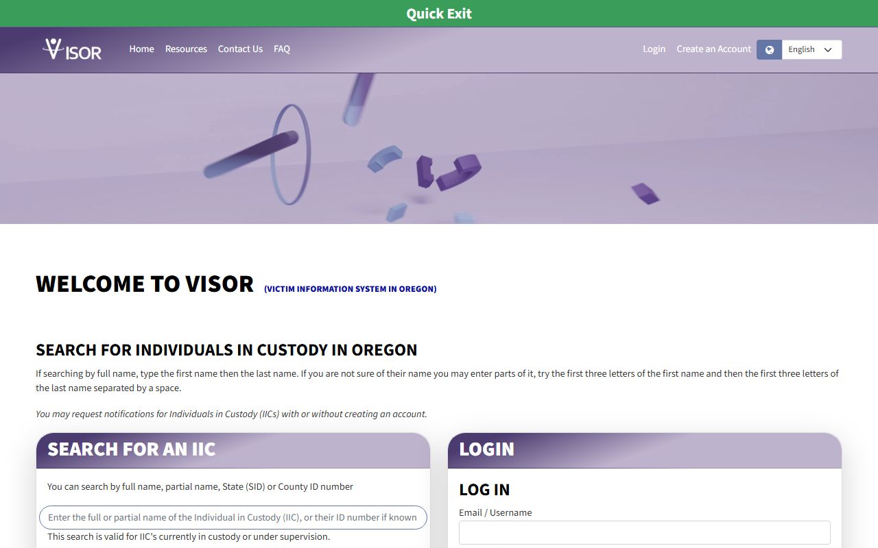 Oregon VISOR custody and supervision search portal