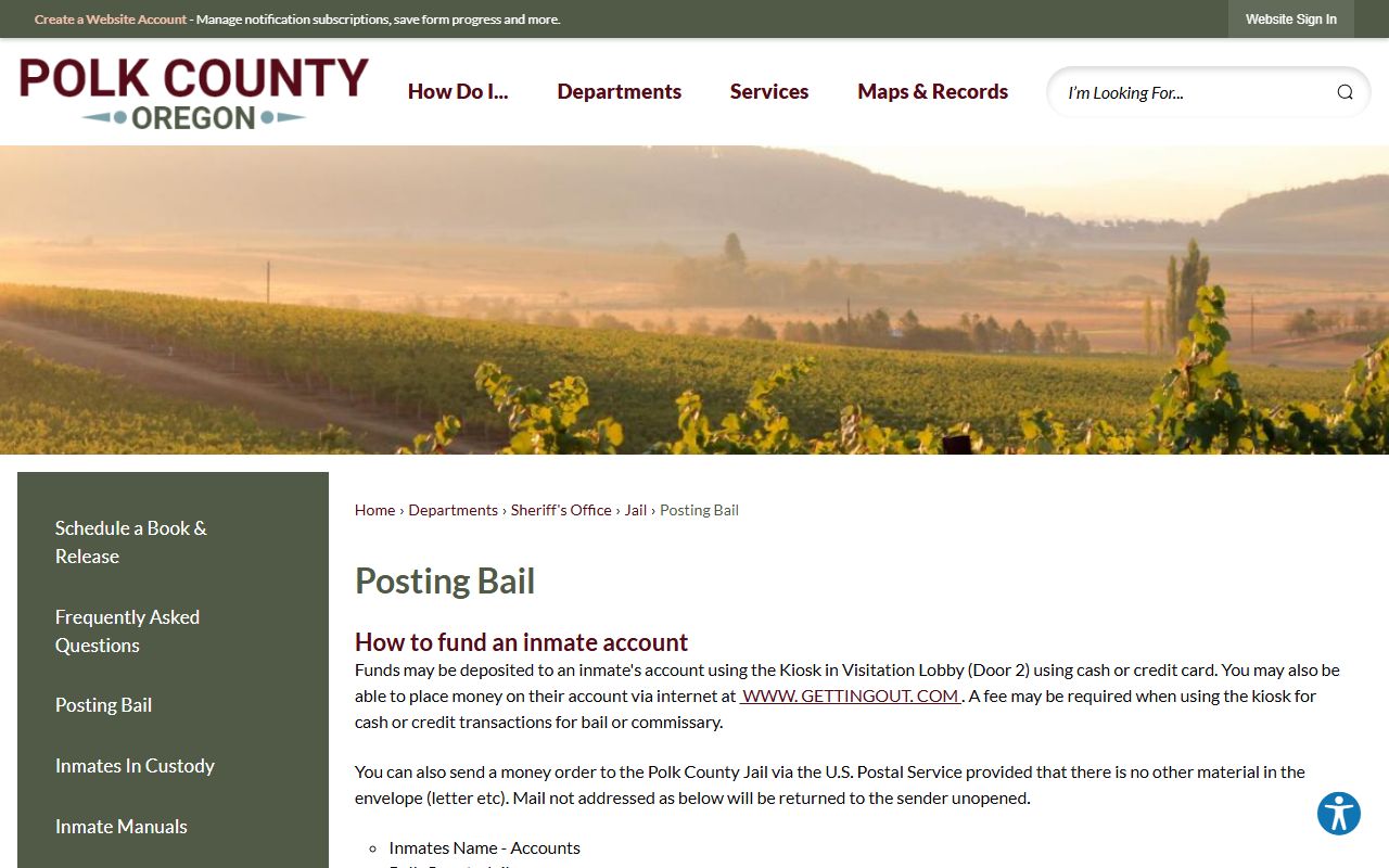 Polk County posting bail page with Viapath, GettingOut, kiosk, and Door 2 options
