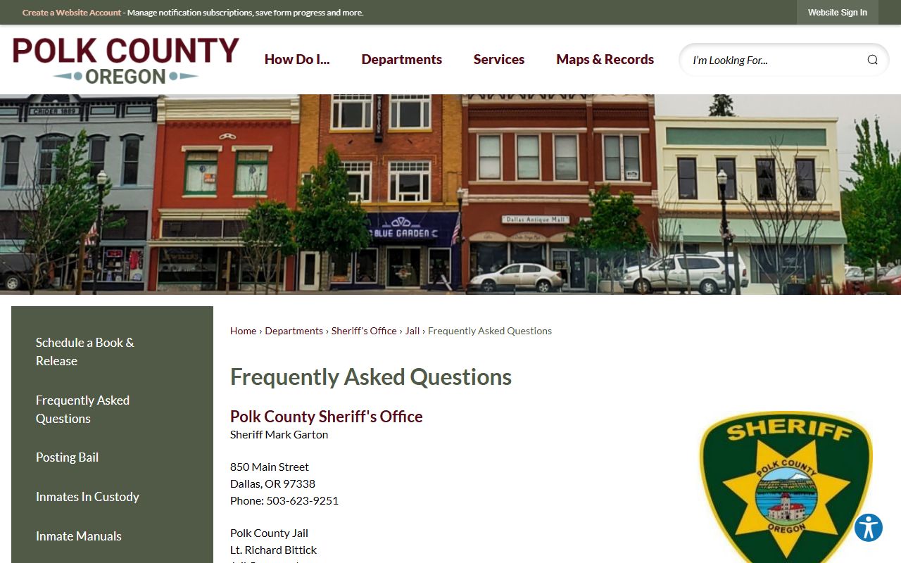 Polk County jail frequently asked questions page for custody-related information